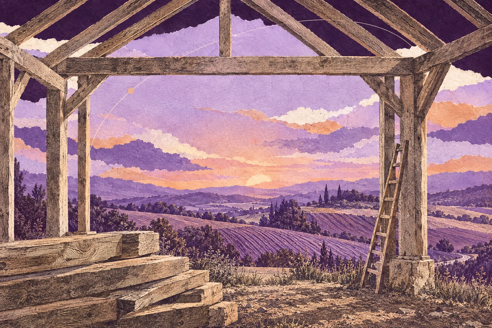 Illustration of a half-built timber barn frame on a hillside at dusk, with fields beyond