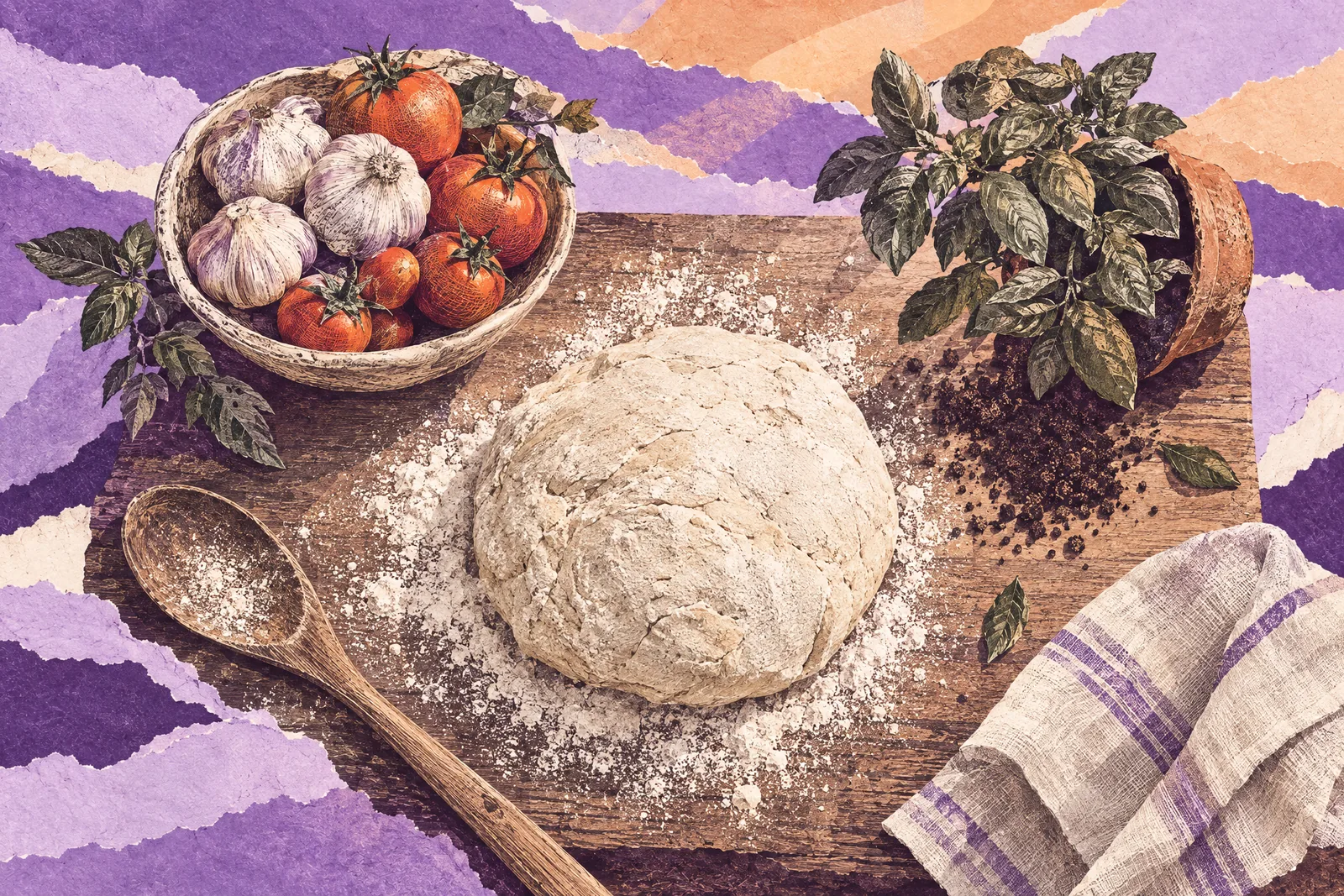 Illustration of bread dough, garlic, tomatoes and a potted basil plant on a floured wooden table