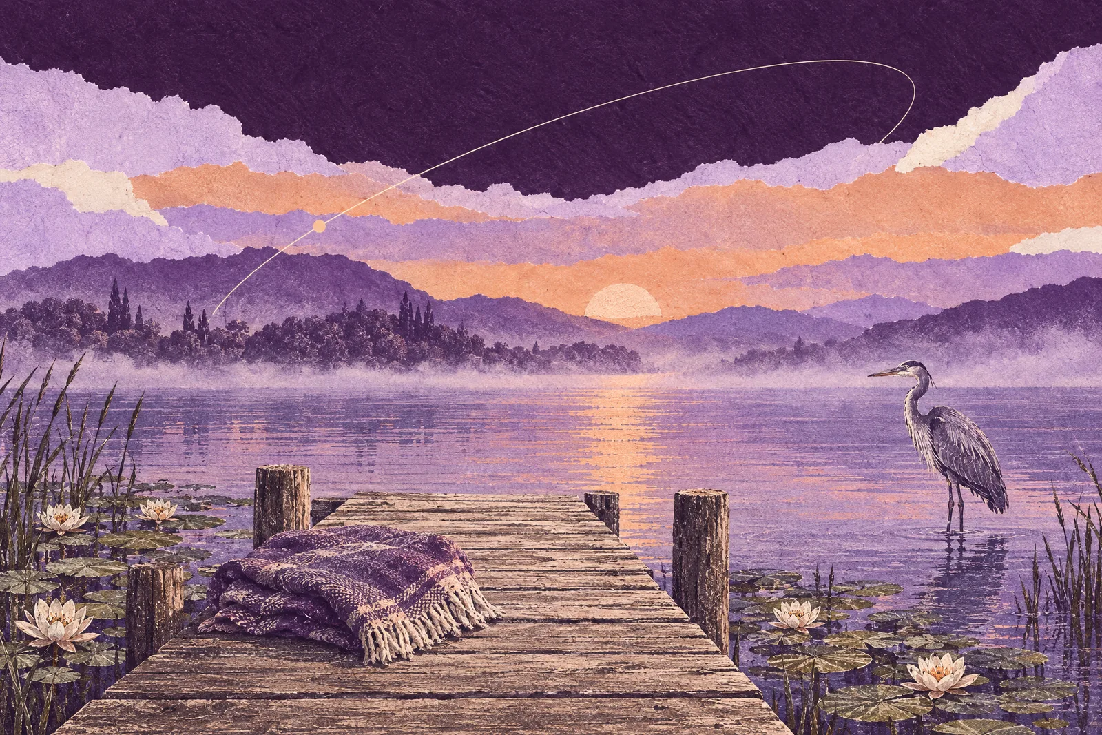 Illustration of a folded blanket on a wooden jetty over a calm lake at dusk, with a heron in the shallows