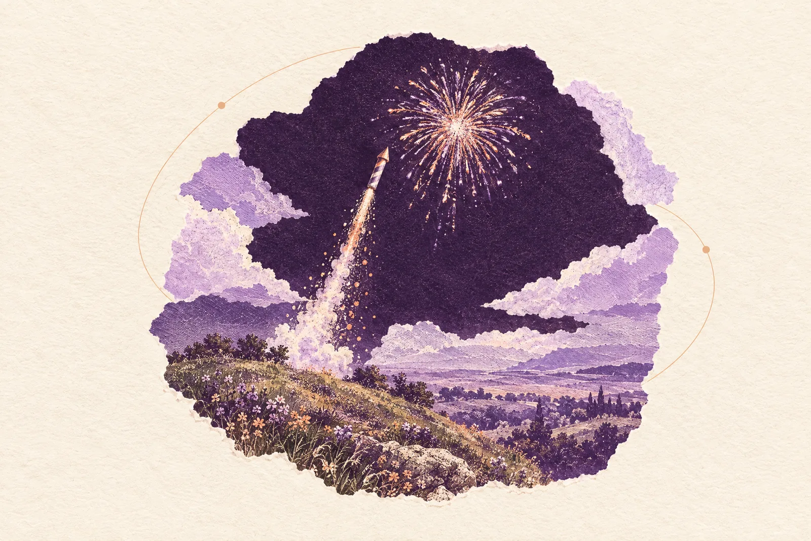 Illustration of a single firework rocket bursting over a grassy hill at night