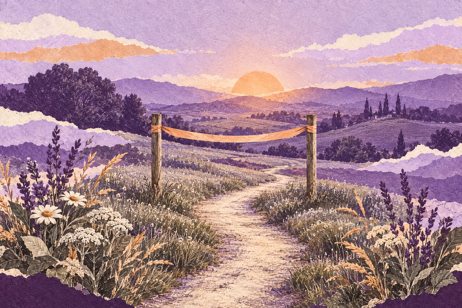 Illustration of a country path in early morning leading to a ribbon finish line between two posts
