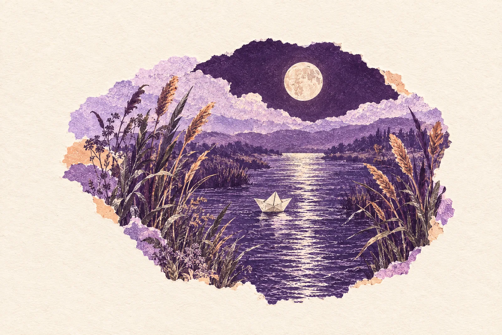 Illustration of a paper boat drifting down a moonlit river between reeds