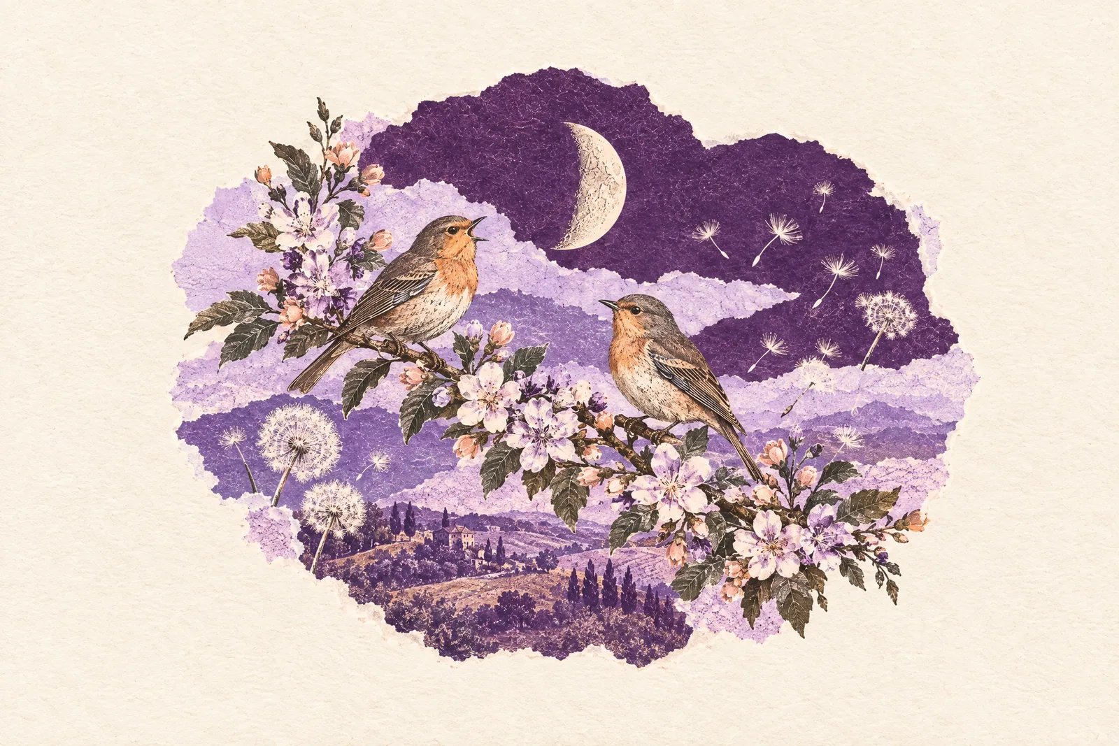 Illustration of two songbirds on a blossoming branch beneath a crescent moon, with drifting dandelion seeds.