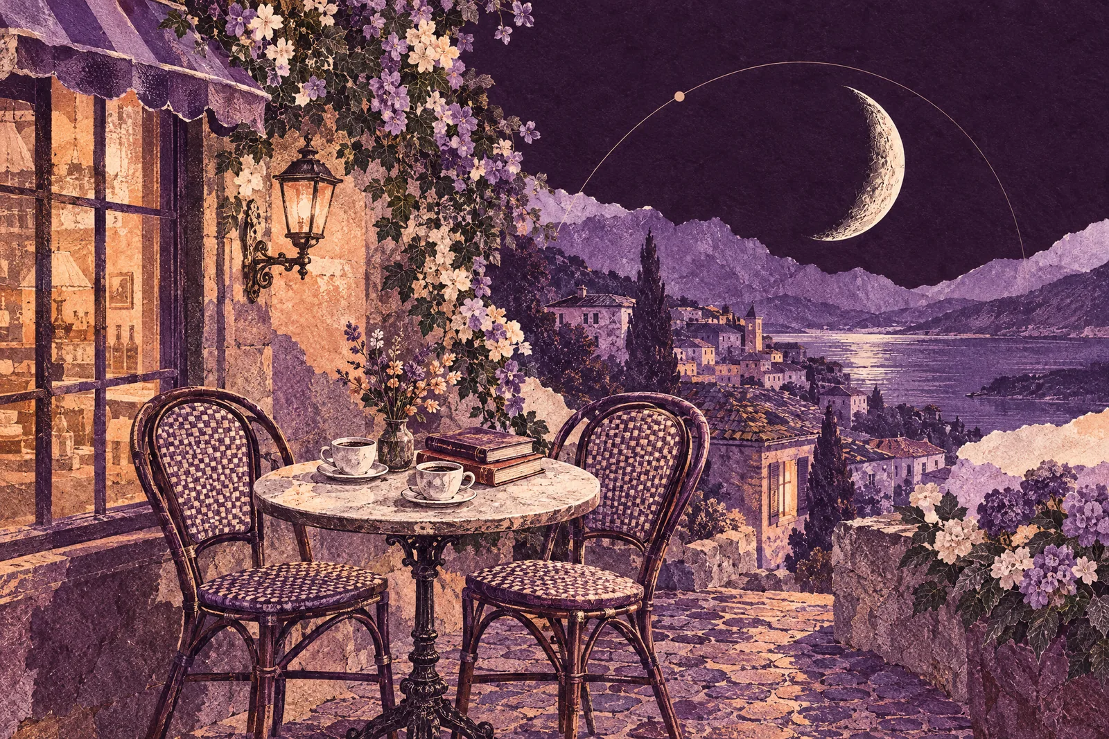 Illustration of a café table at night with two cups and a stack of closed books under a half moon