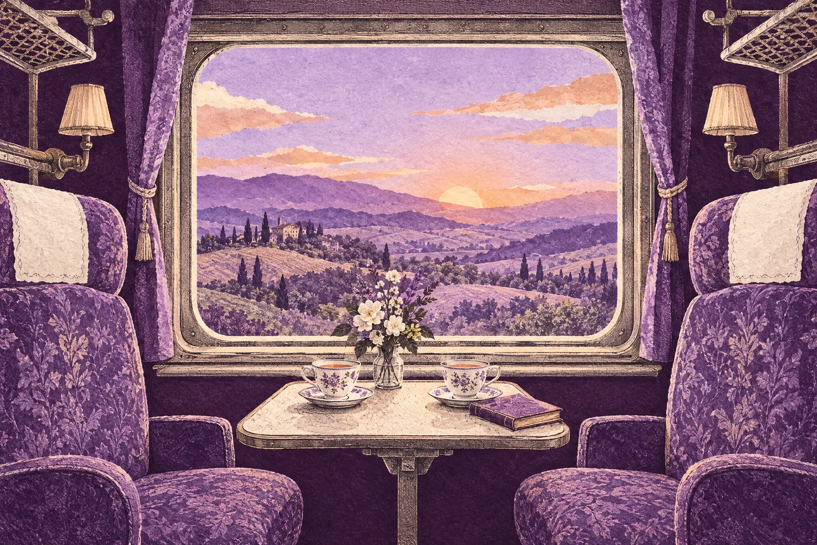 Illustration of a vintage train compartment with two teacups and hills at first light through the window