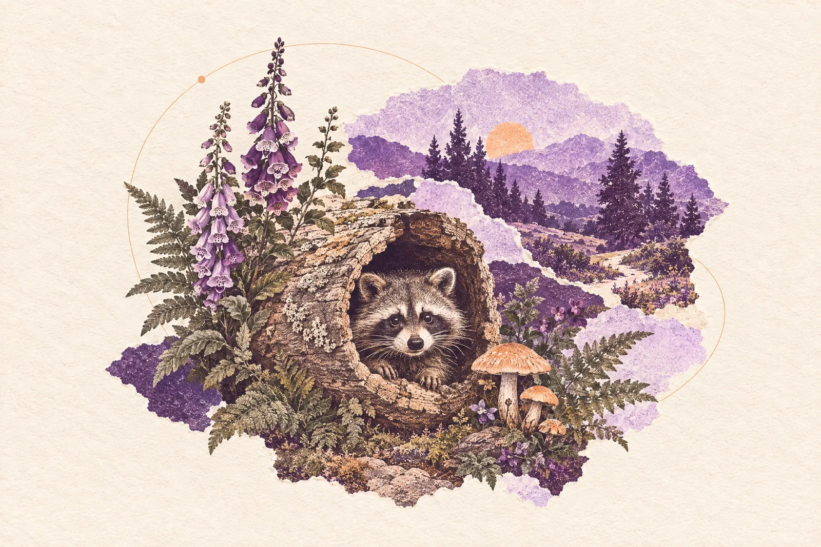 Illustration of a raccoon peeking out of a hollow log beside a woodland trail