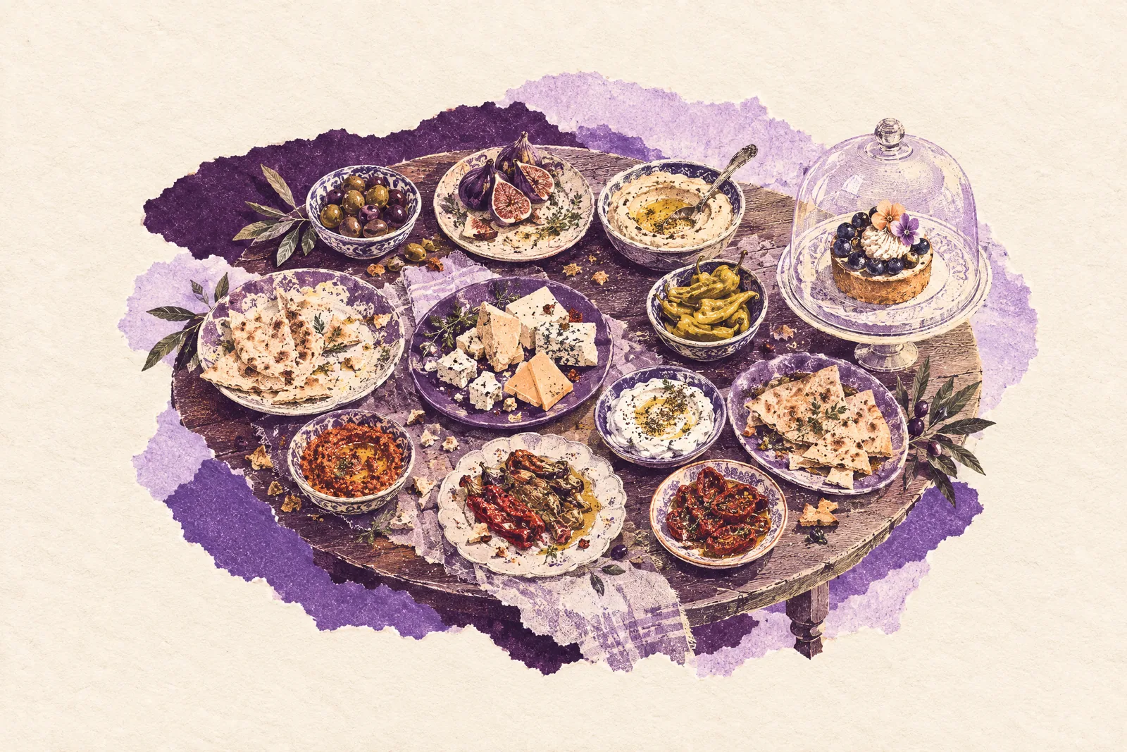 Illustration of a table seen from above with many small sampled dishes and one untouched dessert under a glass dome