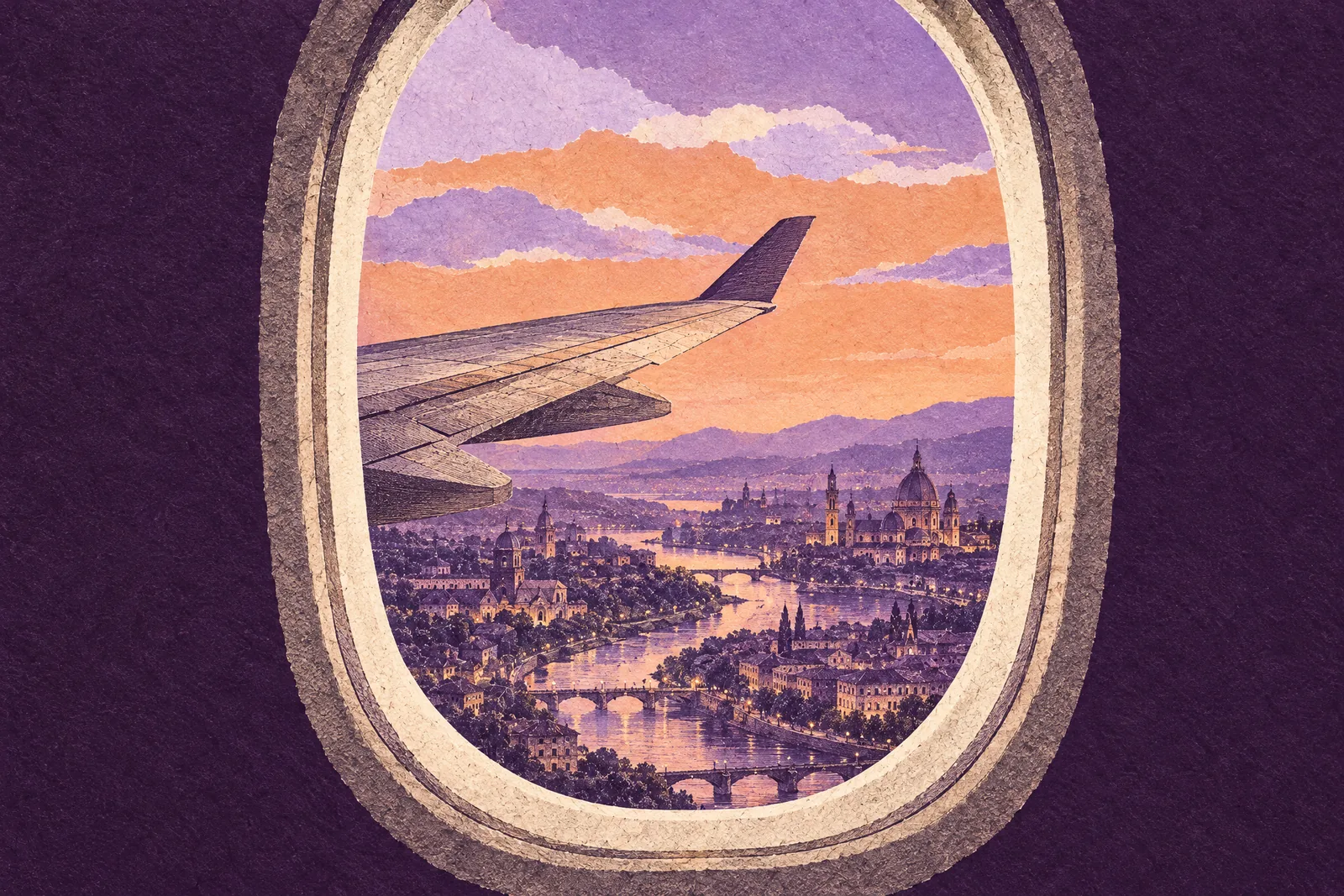 Illustration of a distant river city at dusk seen far below through a small oval aeroplane window