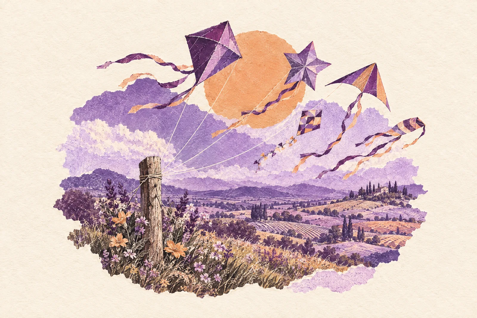 Illustration of several kites flying from one fence post over a spring hilltop under a paper sun