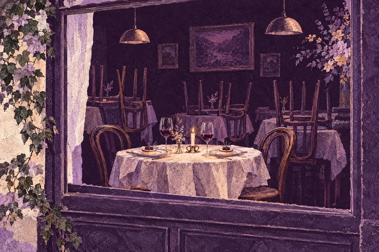 Illustration of a restaurant at night seen through its window, one table still set among stacked chairs