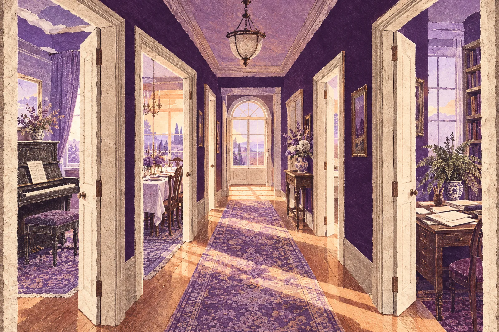 Illustration of a sunlit hallway with open doors into rooms holding a piano, a dinner table and a desk