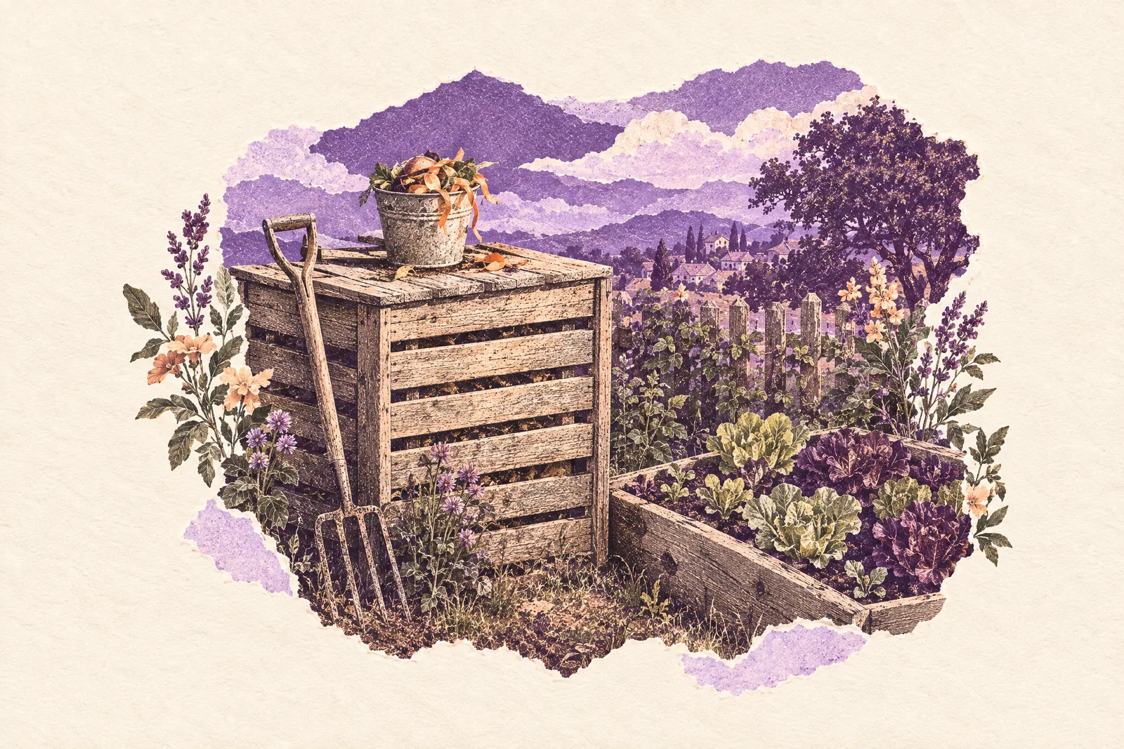 Illustration of a wooden compost bin with a garden fork beside a raised bed of young lettuces