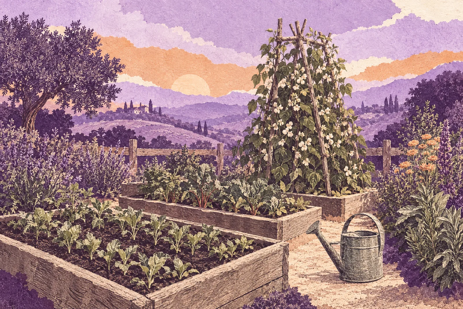 Illustration of a kitchen garden with raised beds, seedlings, a watering can and a flowering bean trellis