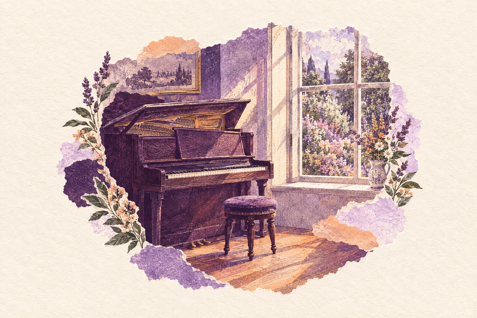 Illustration of a small practice room with an open upright piano and a window onto a garden in morning light