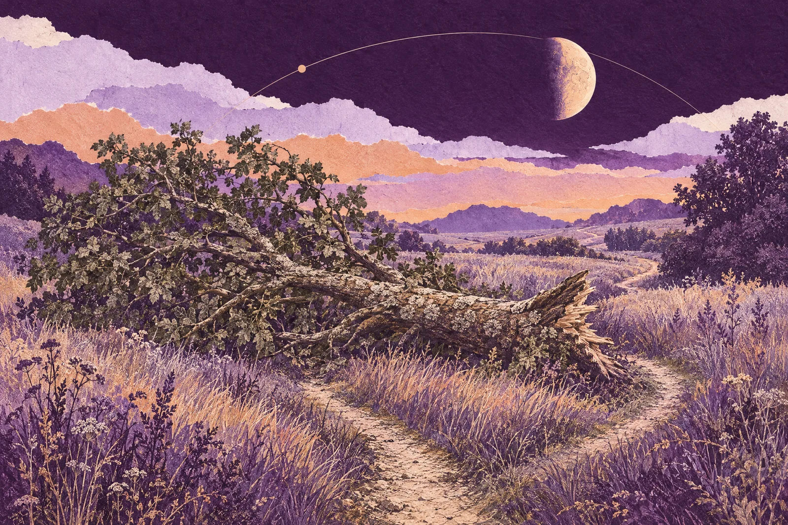 Illustration of a fallen tree across a footpath at dusk, a new track curving around it under a half moon.
