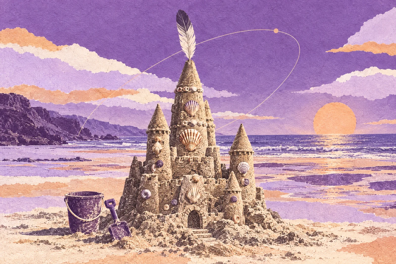 Illustration of a shell-decorated sandcastle on an empty summer beach with a bucket and spade beside it