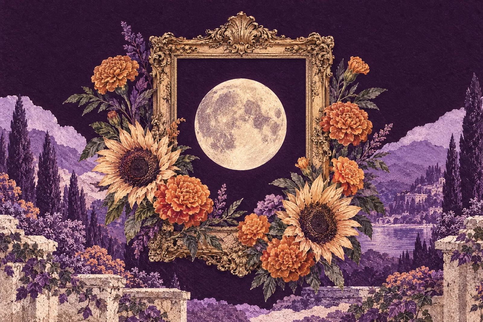 Illustration of a gilded frame around a full moon in a night garden of marigolds and sunflowers.