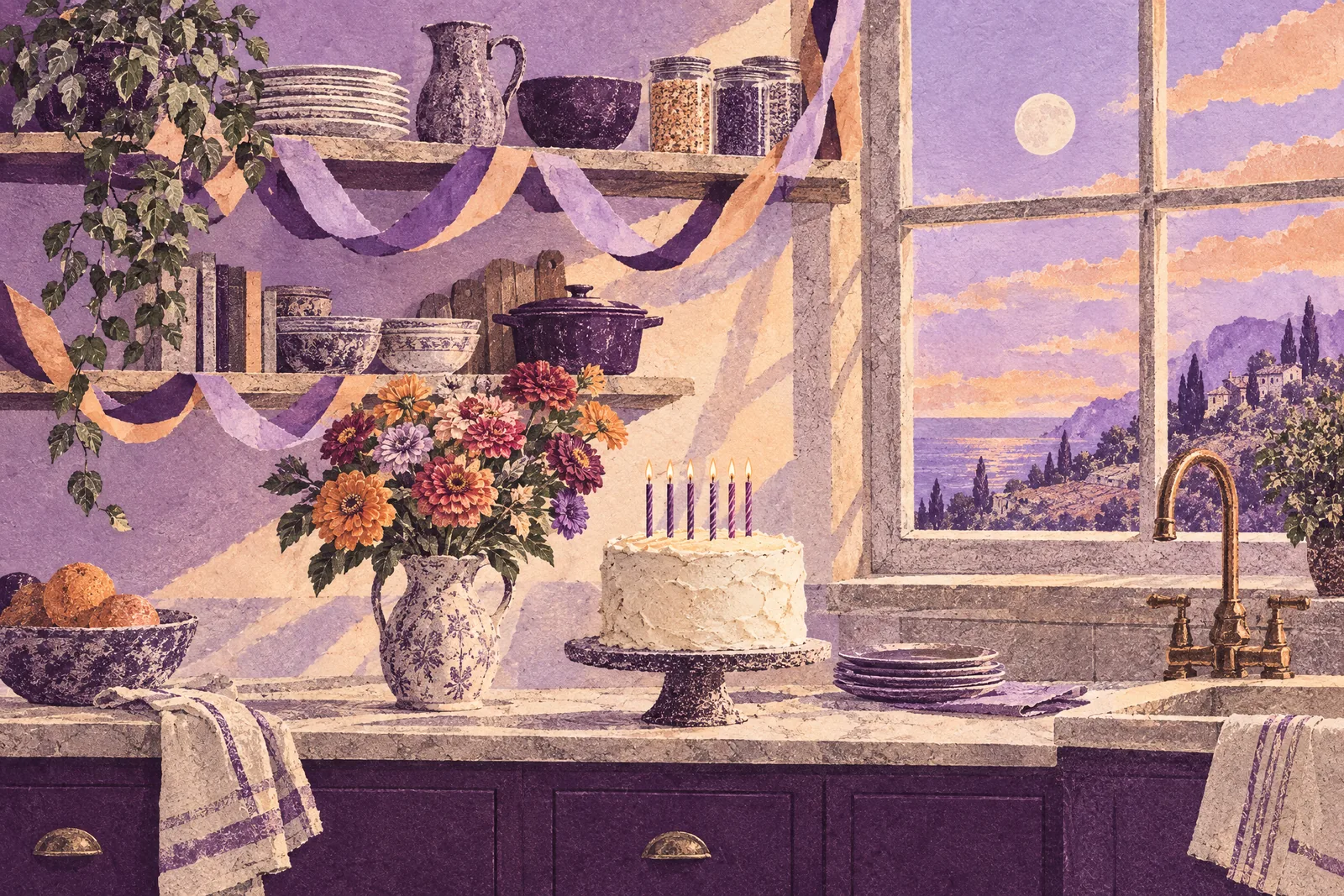 Illustration of a kitchen decorated for a surprise party with a candlelit cake and a jug of zinnias