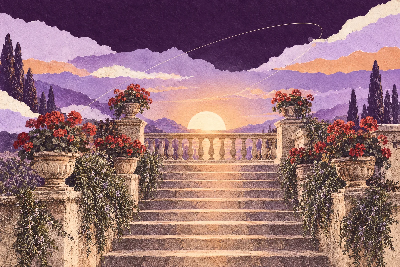 Illustration of stone garden steps climbing to a terrace, flooded with warm light from the rising sun
