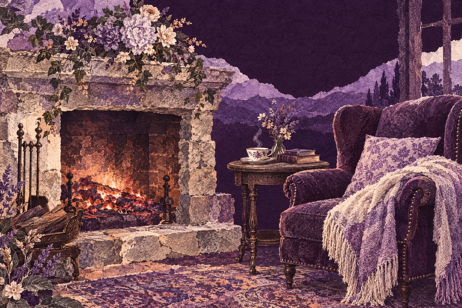 Illustration of a fire burned low in a stone hearth beside an armchair with a wool throw