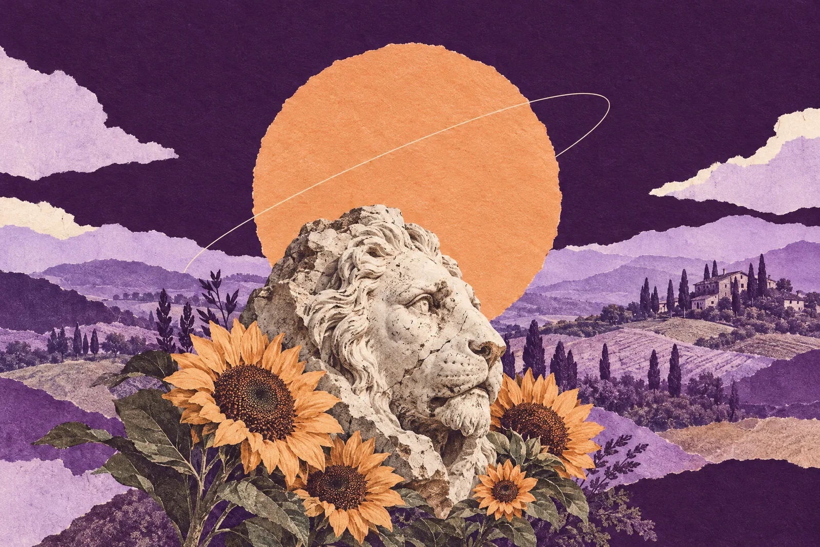Illustration of a weathered marble lion head among sunflowers, with a paper sun over rolling hills.