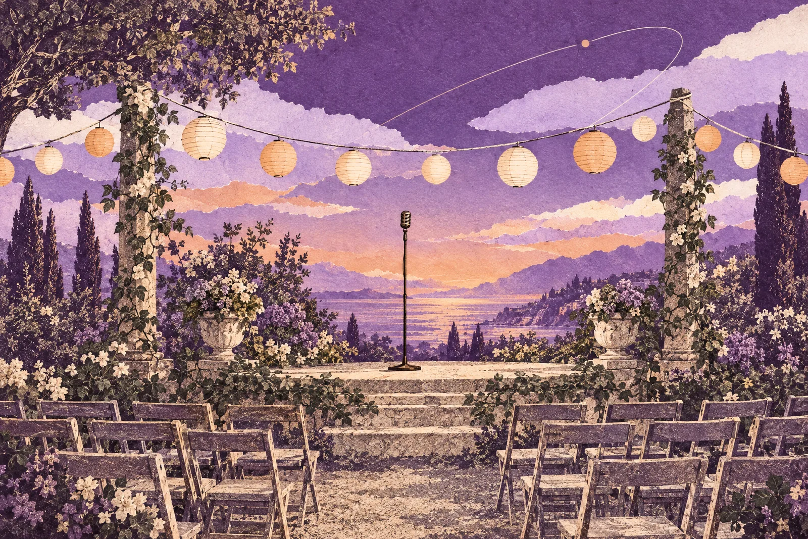 Illustration of a small garden stage at dusk with a vintage microphone, lanterns and rows of empty chairs