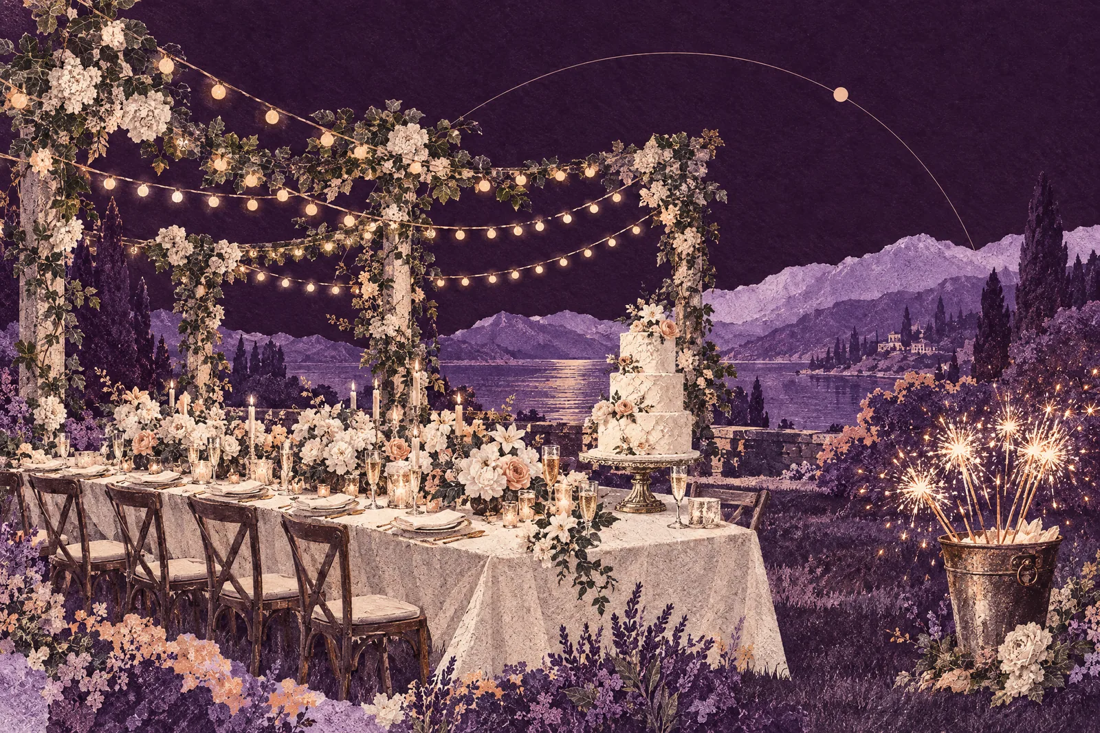 Illustration of a garden wedding table under string lights at night, with lit sparklers at the lawn's edge