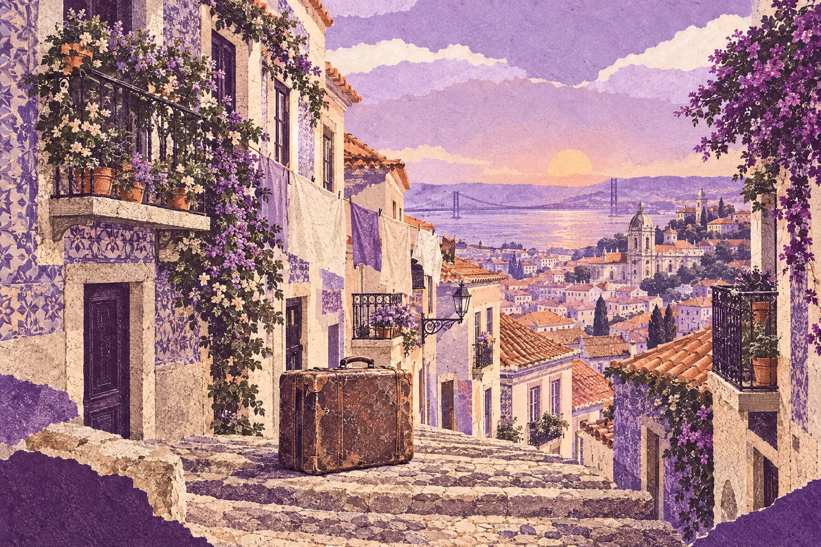 Illustration of a battered suitcase on a steep cobbled street between tiled houses in a sunny hillside city