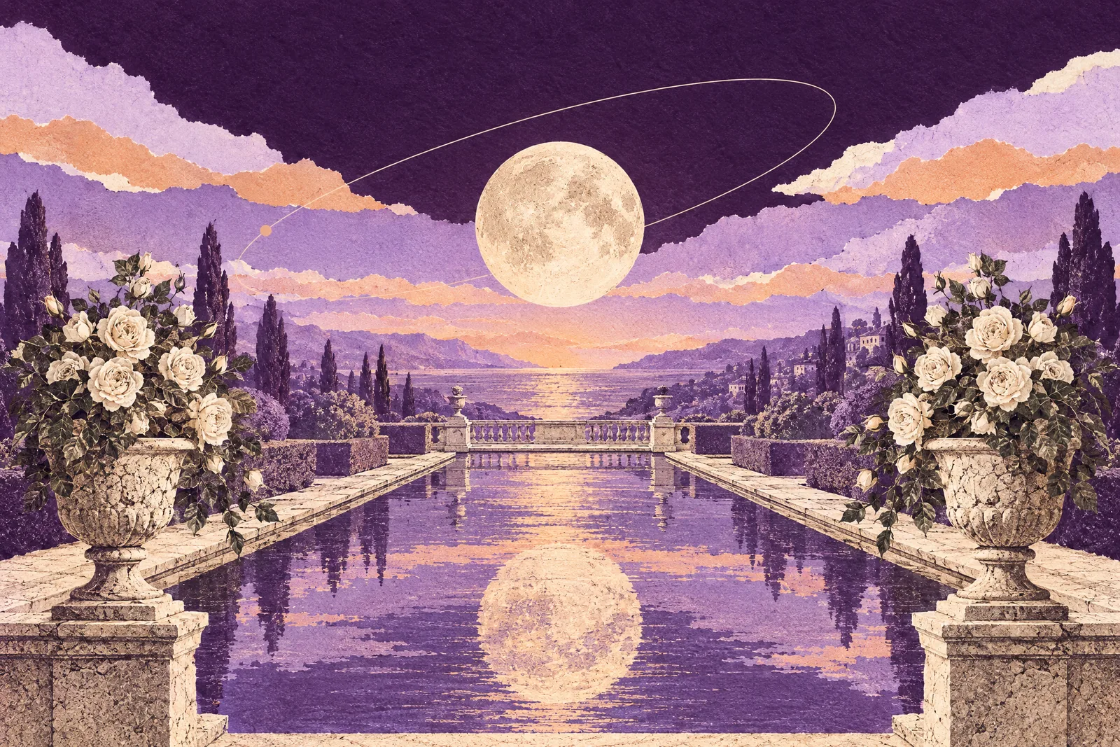 Illustration of a symmetrical garden with a long reflecting pool, urns of roses and a full moon above.