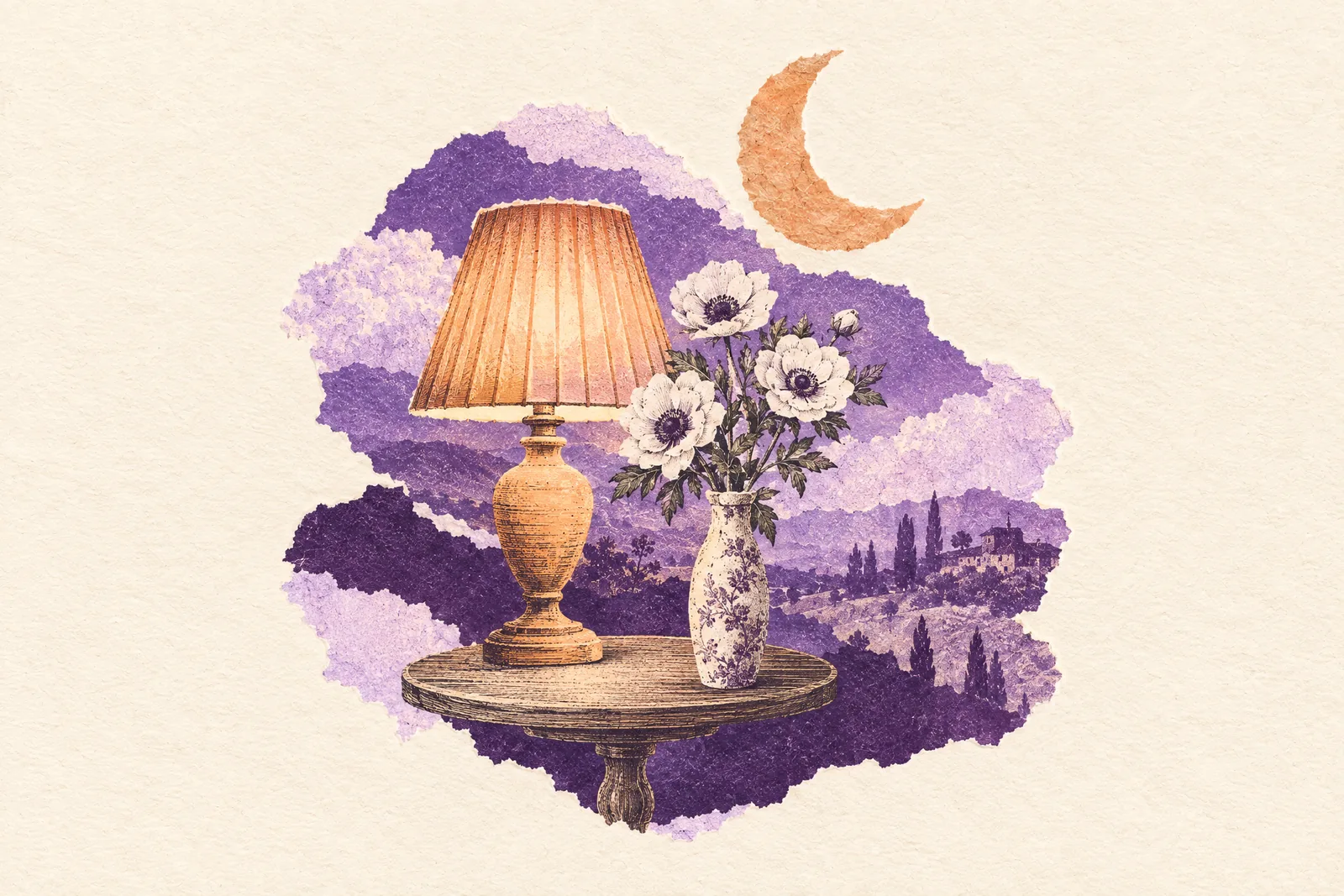 Illustration of a glowing table lamp beside a slim vase of white anemones under a paper crescent moon