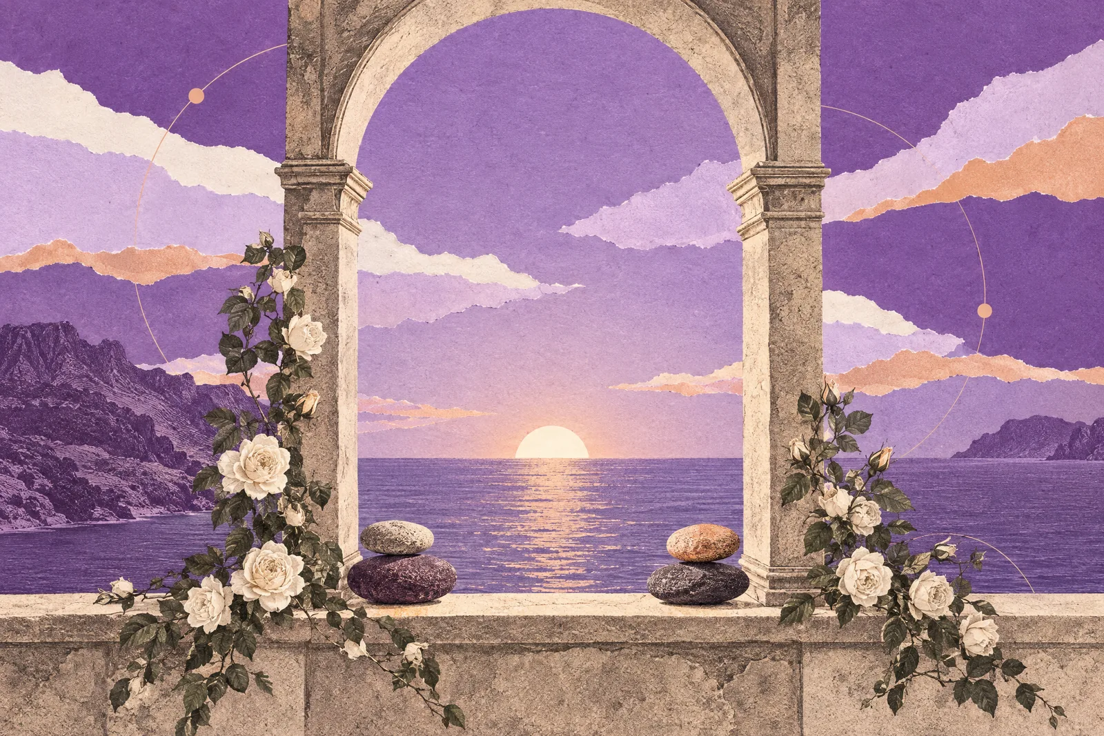 Illustration of a stone archway framing a sunrise over a calm sea, with balanced stones and white roses.