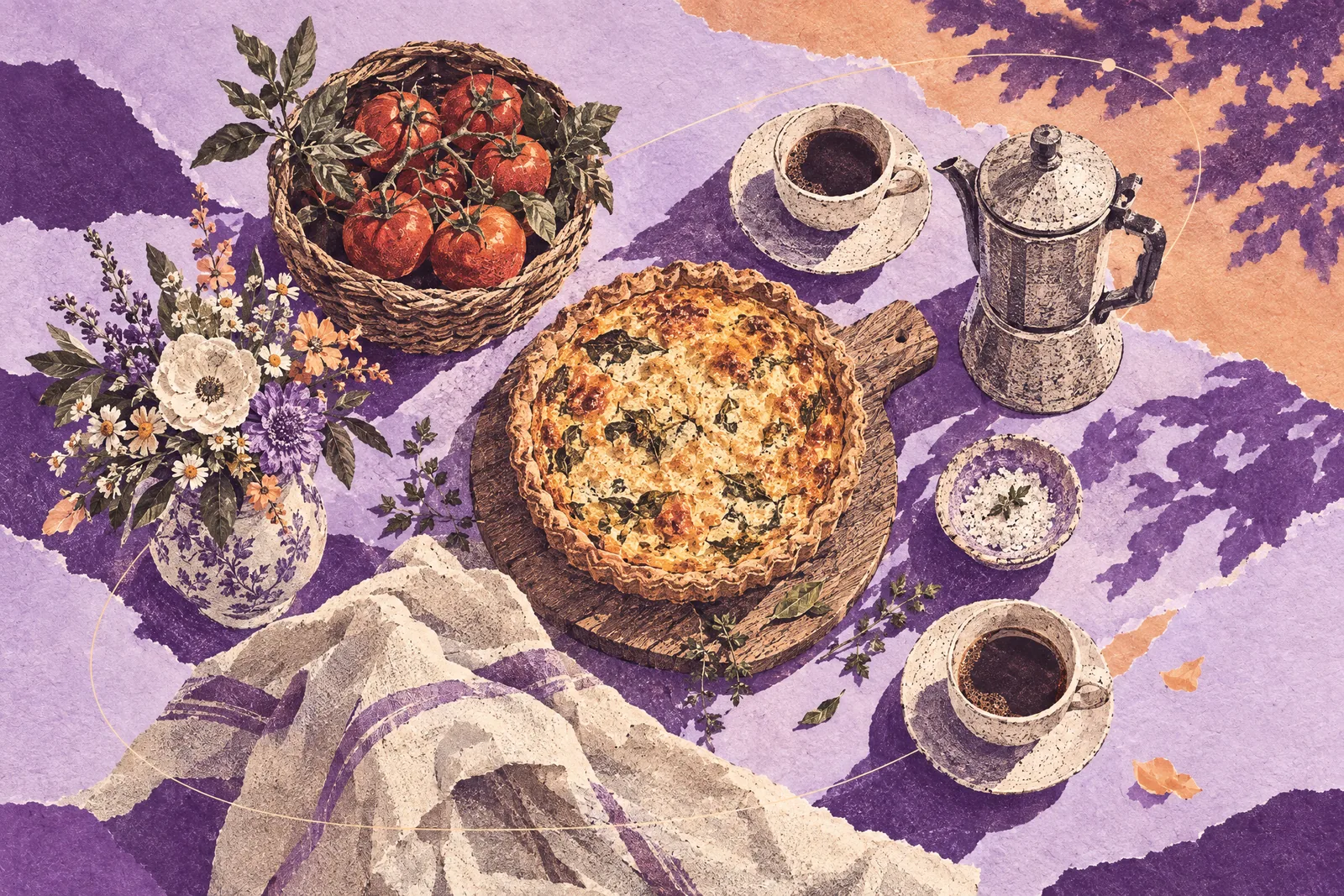 Illustration of a garden brunch table from above with a quiche, vine tomatoes and a coffee pot