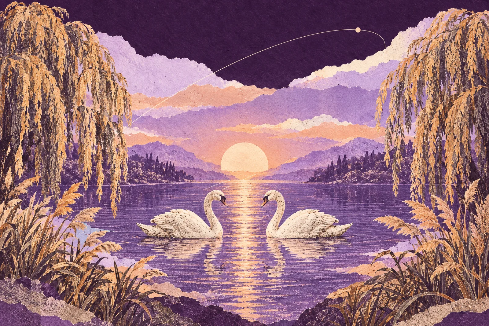 Illustration of two white swans gliding toward each other on a still lake at sunset