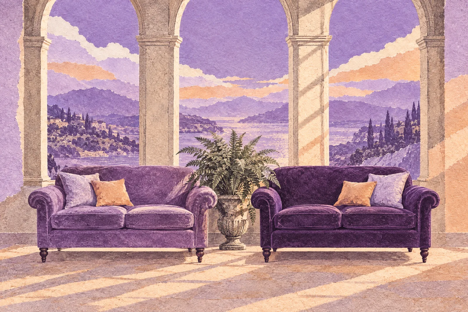 Illustration of two nearly identical sofas side by side in an empty, sunlit room