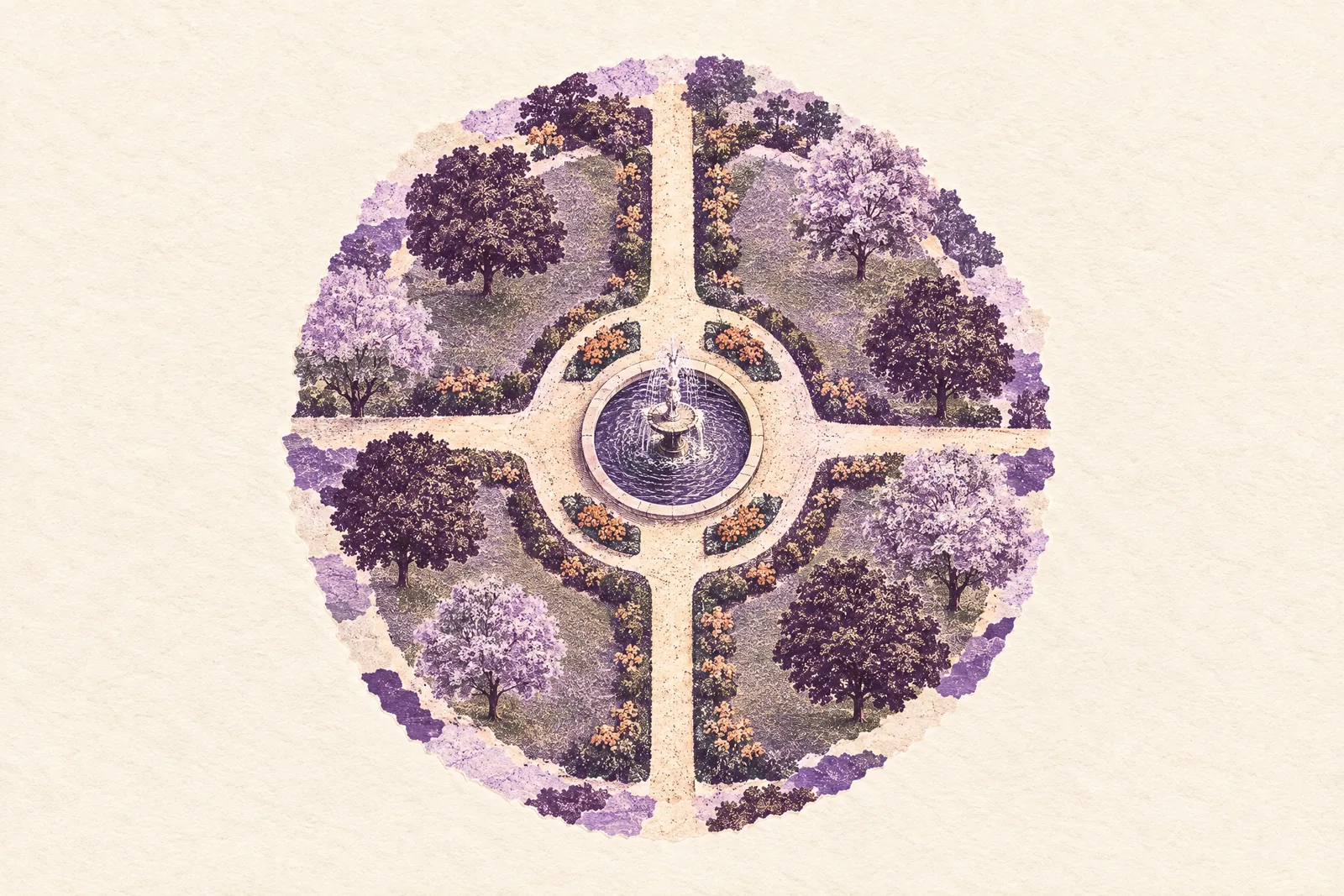 Illustration of a round park seen from above, with footpaths from every side meeting at a central fountain
