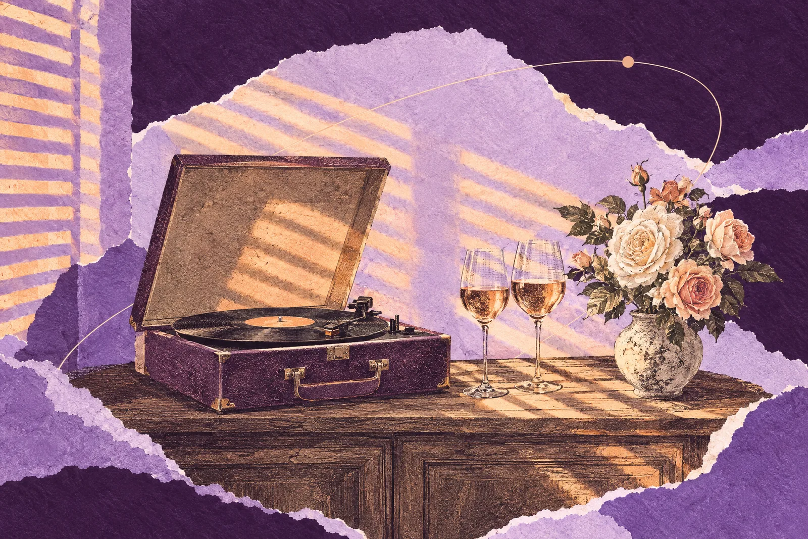 Illustration of a record player and two wine glasses on a sideboard in striped light through blinds