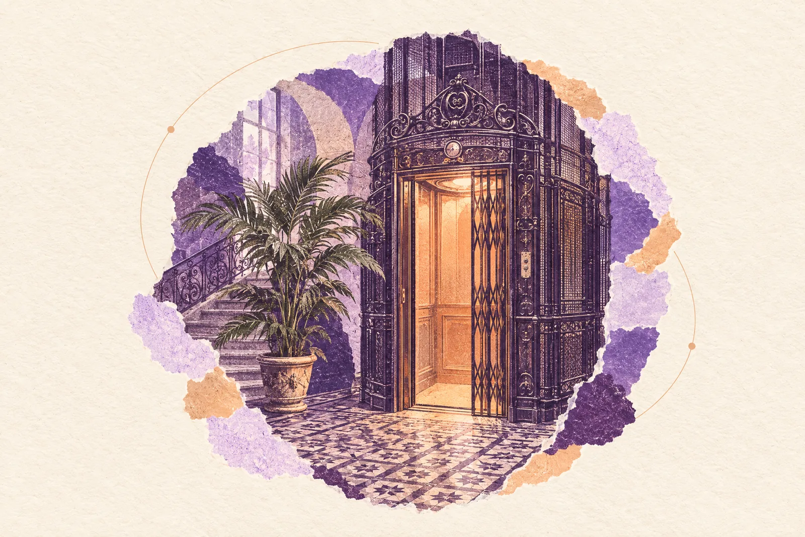 Illustration of an ornate wrought-iron cage elevator glowing with light in an old building lobby