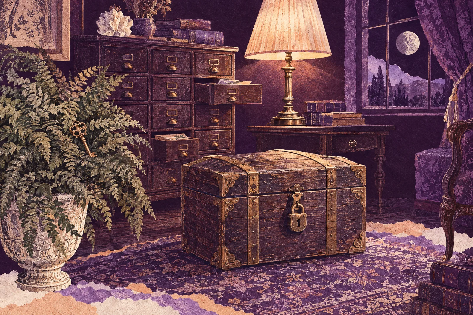 Illustration of a puzzle room in an old study with a padlocked trunk and a brass key hidden in a fern
