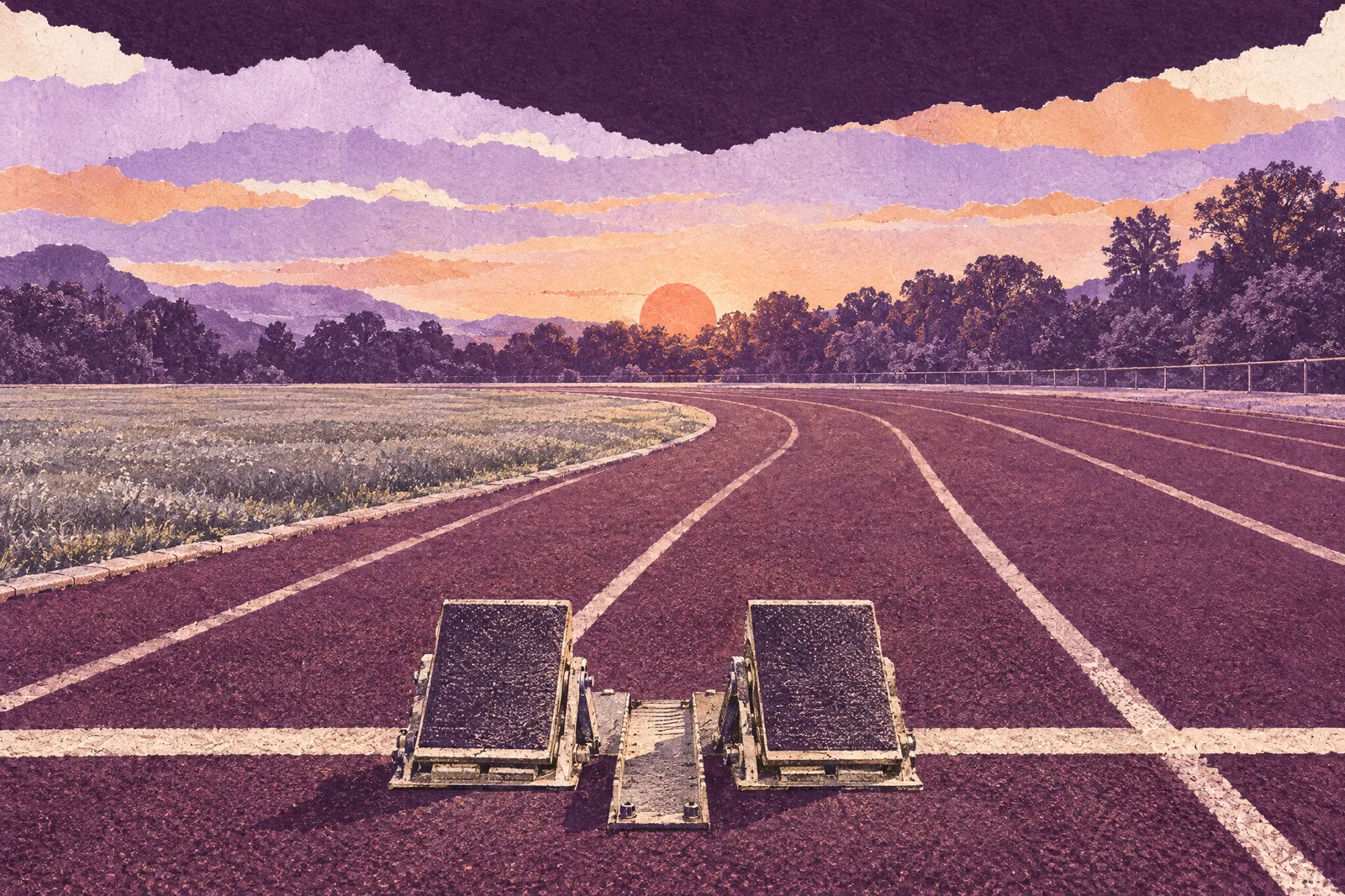 Illustration of starting blocks on the start line of an empty running track at sunrise
