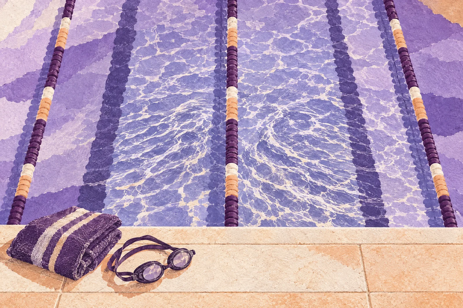 Illustration of an outdoor swimming pool seen from above, lane ropes dividing the water, goggles on the edge