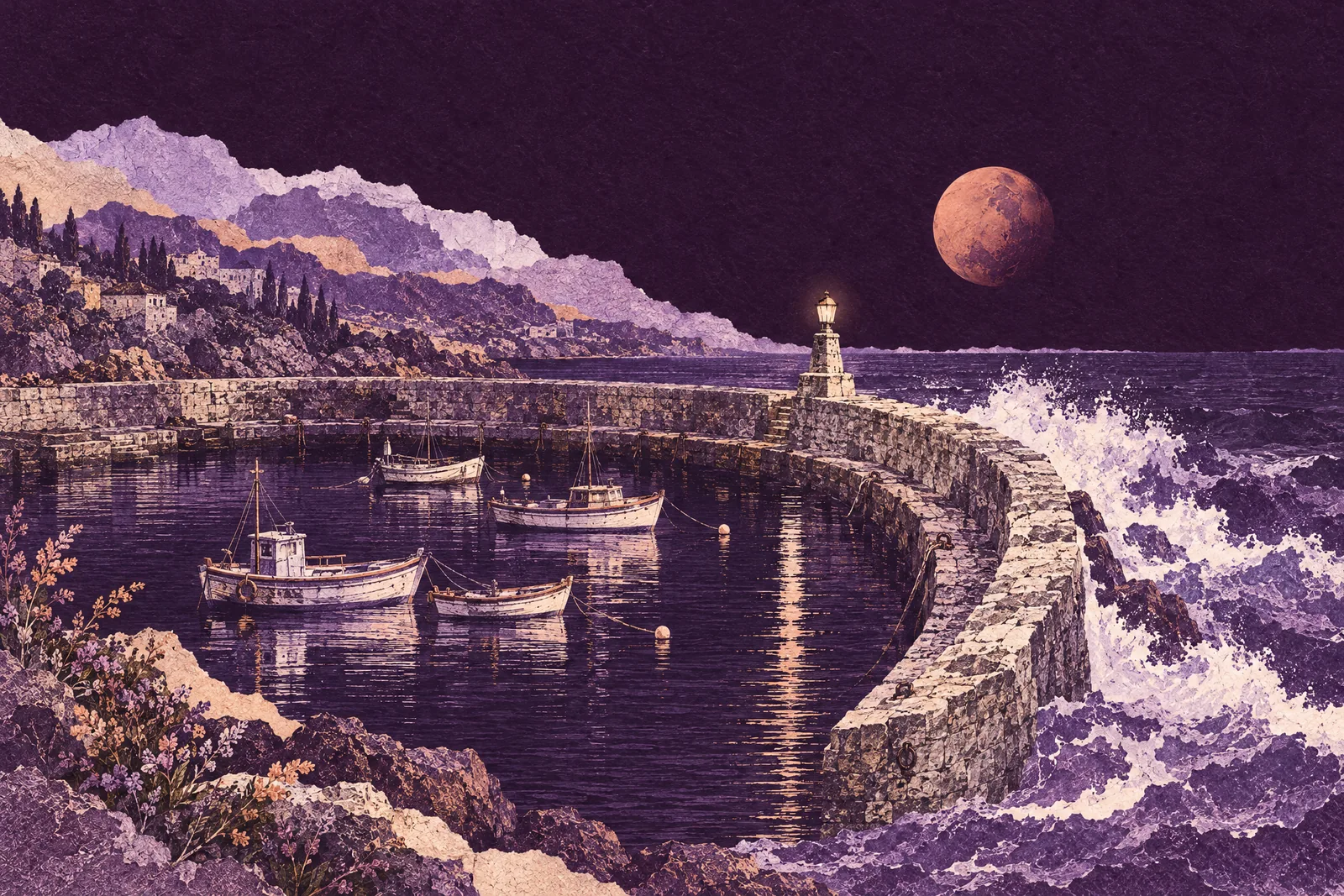 Illustration of a stone harbour wall holding back breaking waves while small boats rest calm inside at night