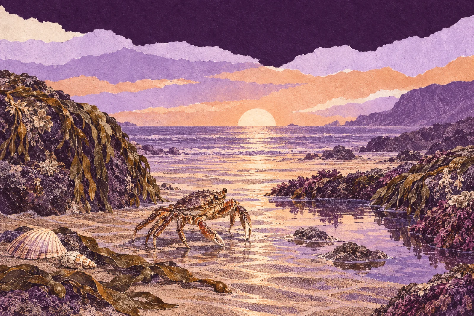 Illustration of a small crab walking sideways across wet sand toward a rock pool at dusk