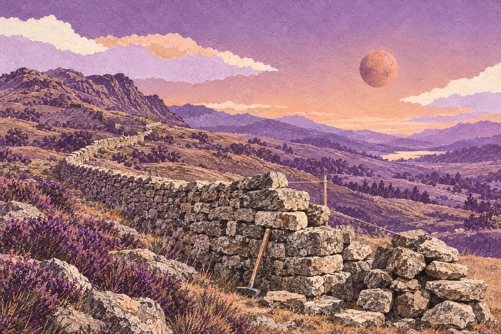Illustration of a half-built dry-stone wall running far across upland hills at dawn, stones stacked ready