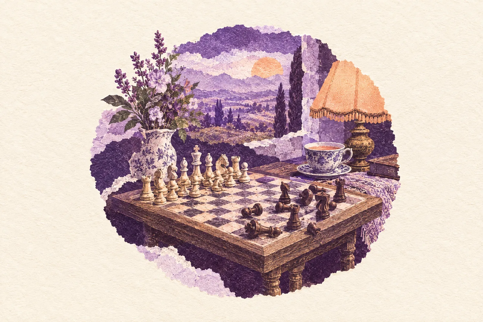 Illustration of a wooden chess set late in a game beside a cup of tea and a small lamp
