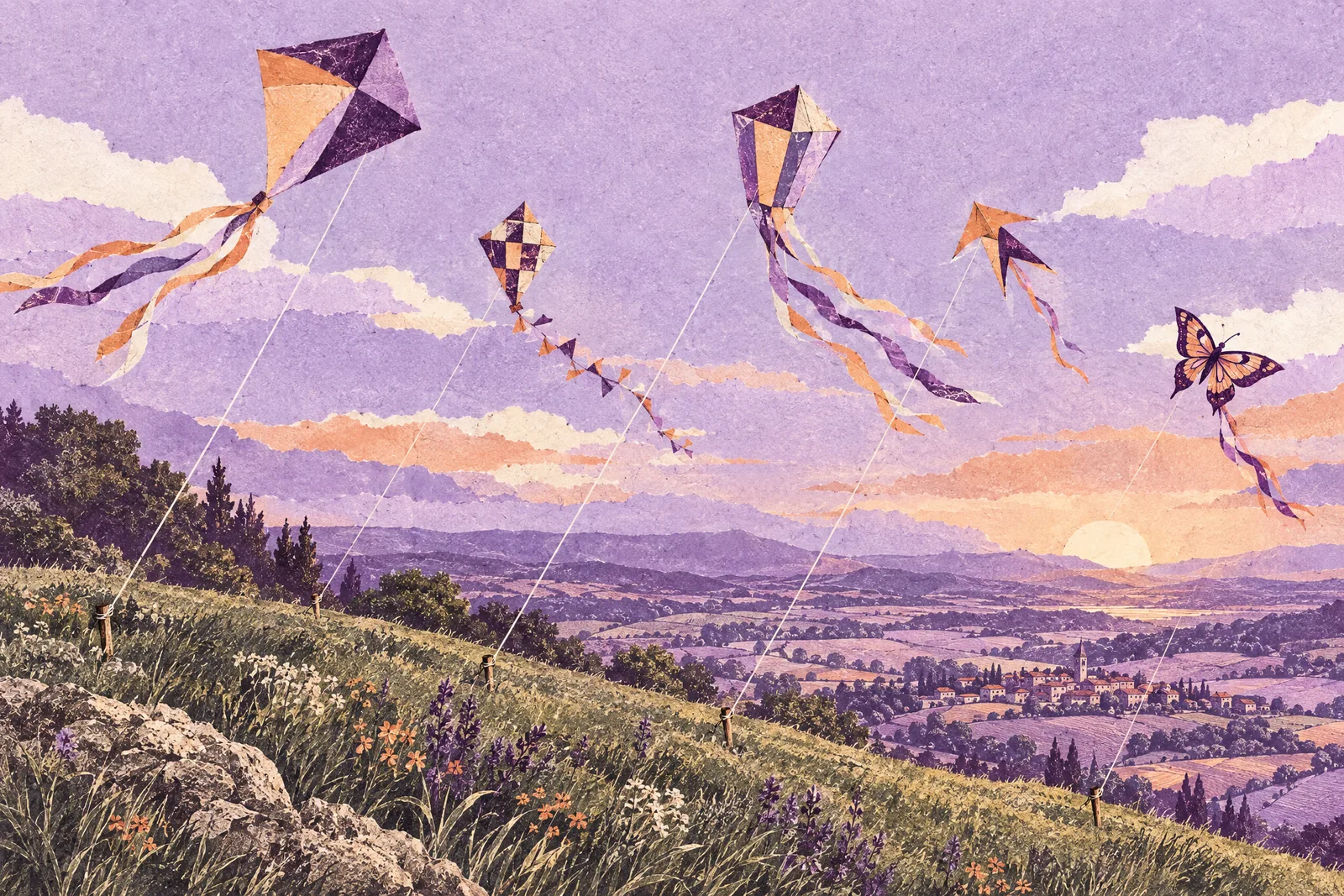 Illustration of several kites of different shapes flying at once above a breezy green hilltop