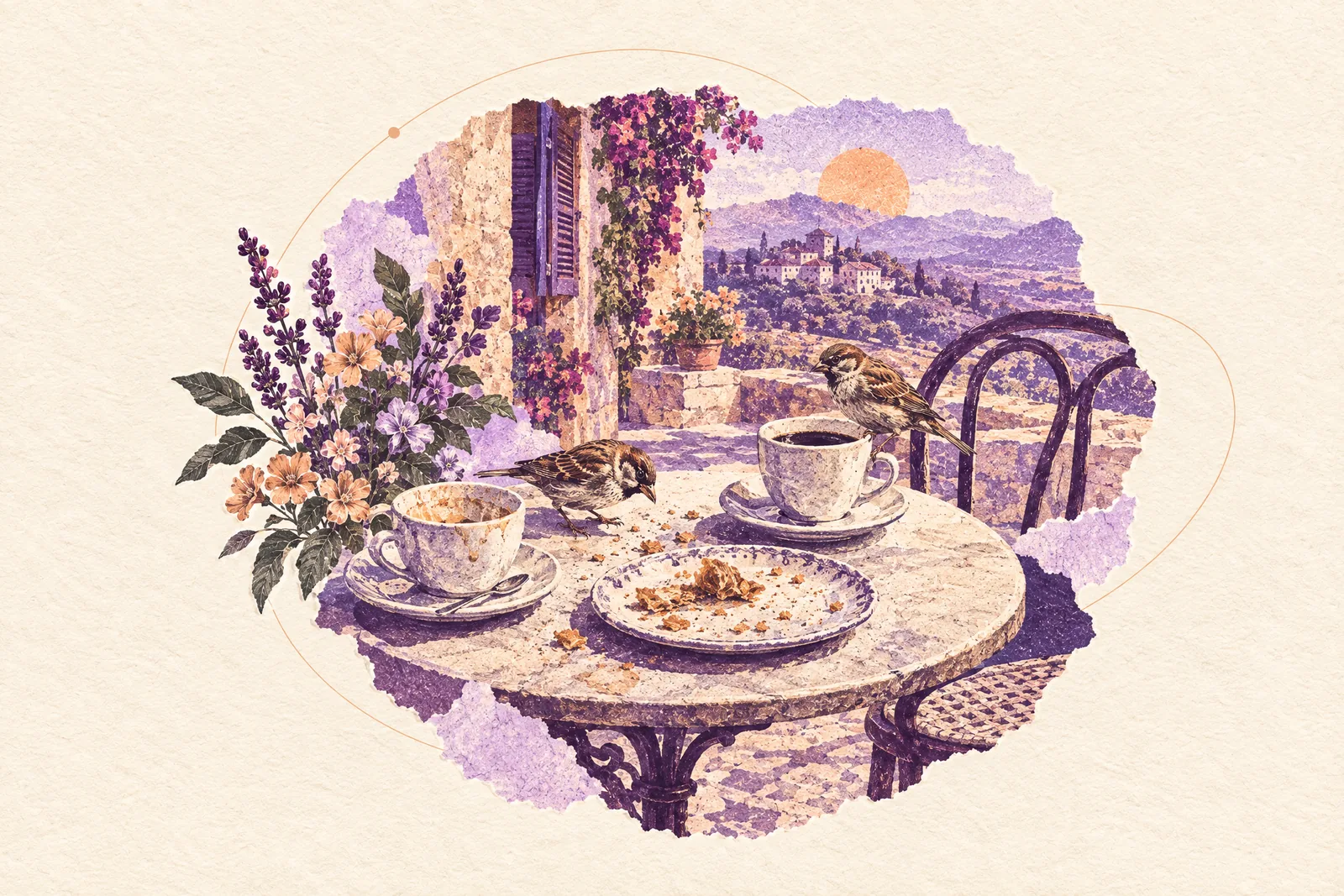 Illustration of two cups of coffee on a small cafe table with sparrows hopping between them