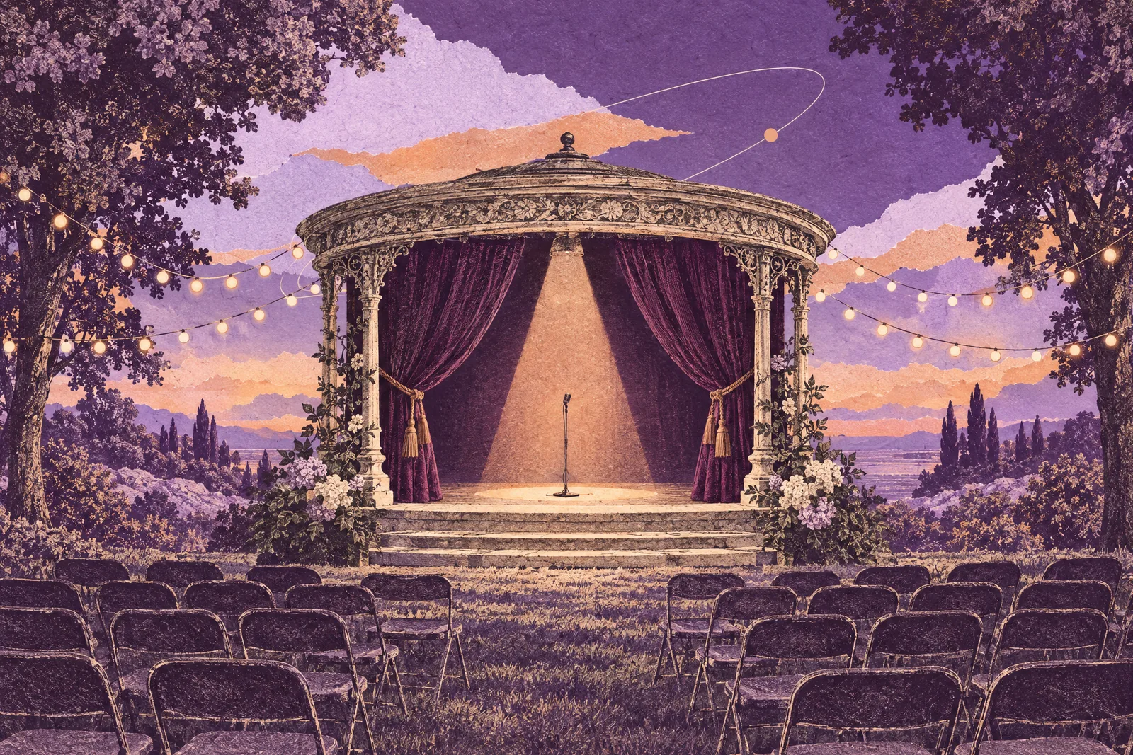 Illustration of an empty open-air stage at dusk, a spotlight on a microphone stand and festoon lights