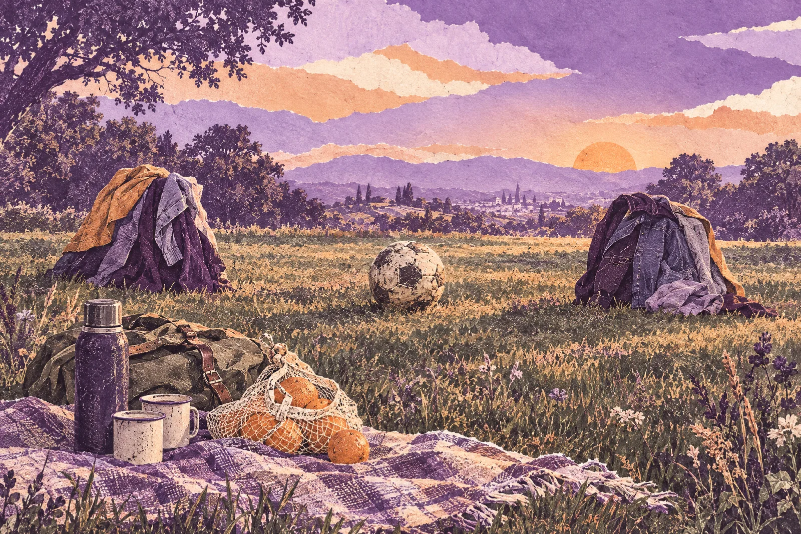 Illustration of a football between piles of jackets used as goalposts, a picnic blanket on the sideline