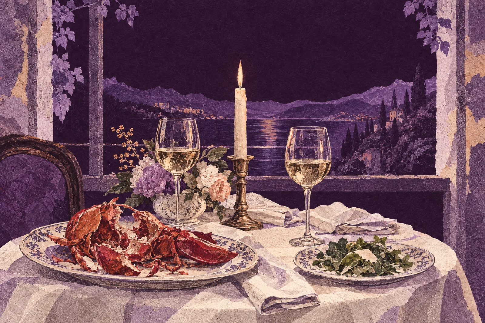Illustration of a candlelit dinner table with a lobster shell on one plate and a small salad plate on the other