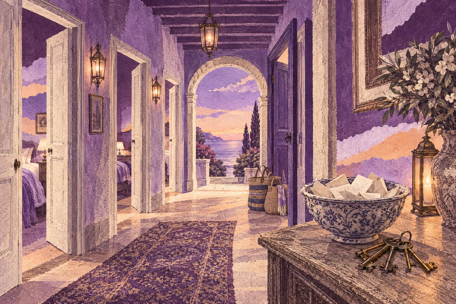 Illustration of a villa hallway with a bowl of folded paper slips and a heap of old keys on a table